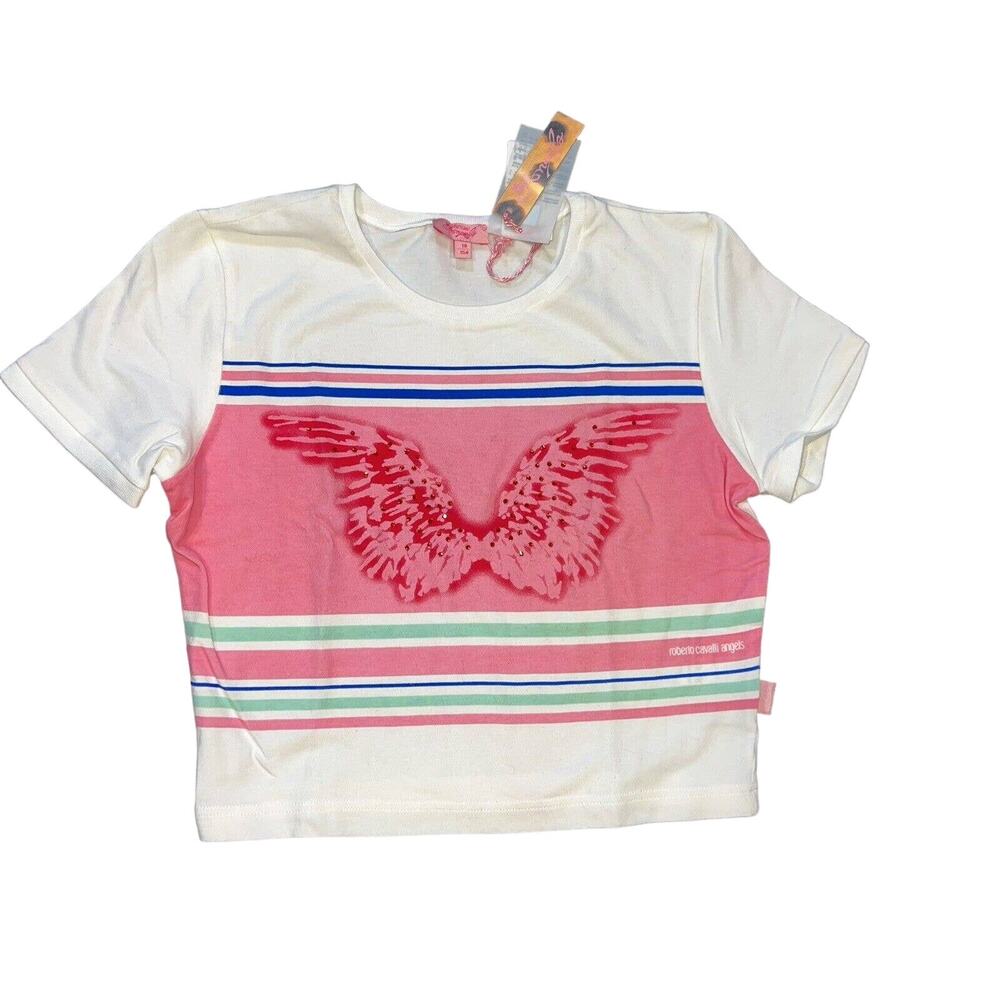 Roberto Cavalli x Simonetta Girls T-Shirt Pink Angel Wings Crystals sz 10 NWT
